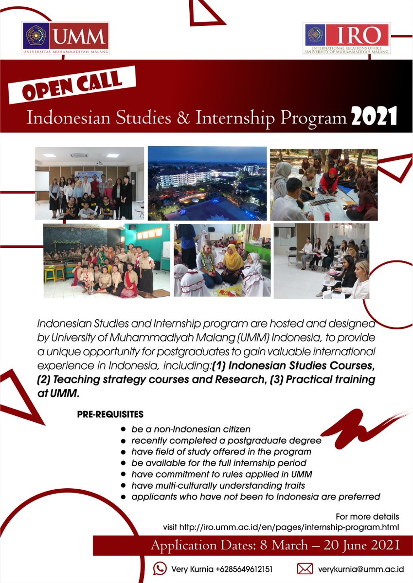 📢Open Call *Indonesian Studies and Internship Program* the academic year 2021/2022📢

for more details about the program, please visit iro.umm.ac.id/en/pages/inter…