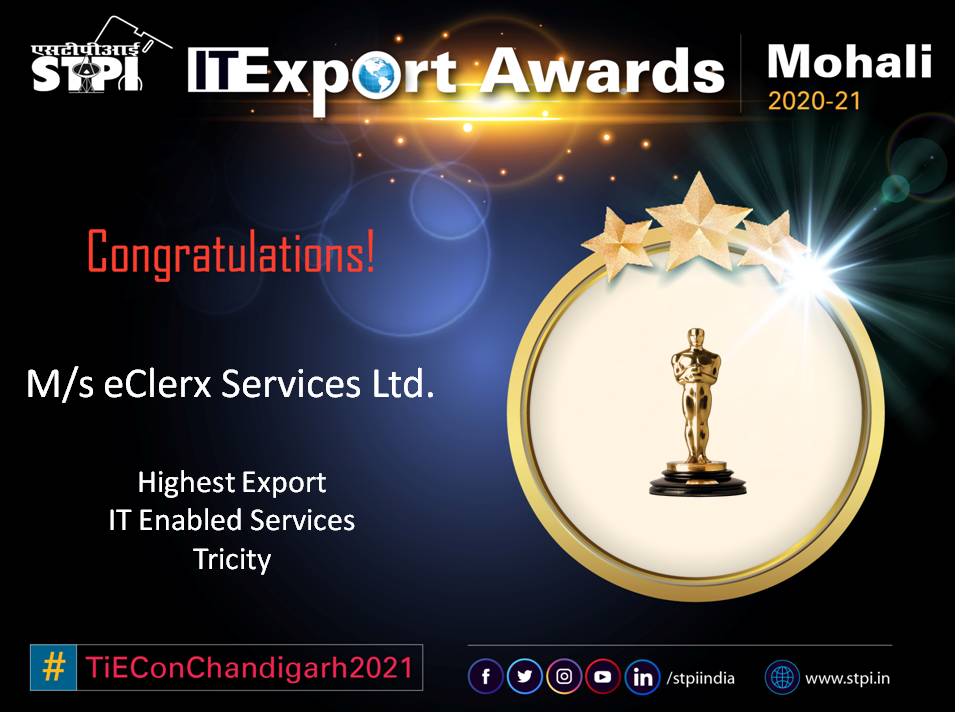 STPIMohali's tweet photo. @STPIMohali Congratulations M/s. eClerx Services Ltd.! Awarded as “Highest Export - IT Enabled Services from Tricity ” at STPI Awards – Mohali during #TiEConChd 2021 event @STPINoida @rsprasad @SanjayDhotreMP  @Omkar_Raii @stpiindia  #STPIINDIA @GoI_MeitY @GoI_MeitY @purnmoon https://t.co/Nlbe7iKsUQ