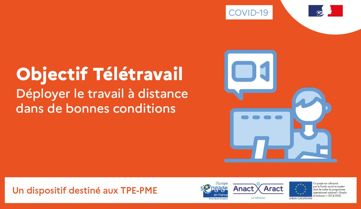🆘 DISPOSITIF D'APPUI AUX TPE-PME 🆘

Le gouvernement mobilise le dispositif Objectif télétravail pour aider les TPE-PME à organiser le #télétravail dans de bonnes conditions compte tenu des impératifs sanitaires. 

➡️➡️➡️ anact.fr/objectifteletr…

Avec <a href="/Travail_Gouv/">Ministère du Travail</a>