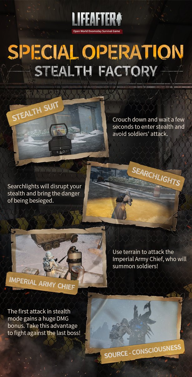 LifeAfter_en's tweet image. #LifeAfter #DoomsdayStation
#QuestGuide #AreaOperation #StealthFactory
Here are some tips for the brave Survivors to clear the [Special Area Operation -- Stealth Factory] with a high Personal Rating. Share with us if you want guides to other Quests!