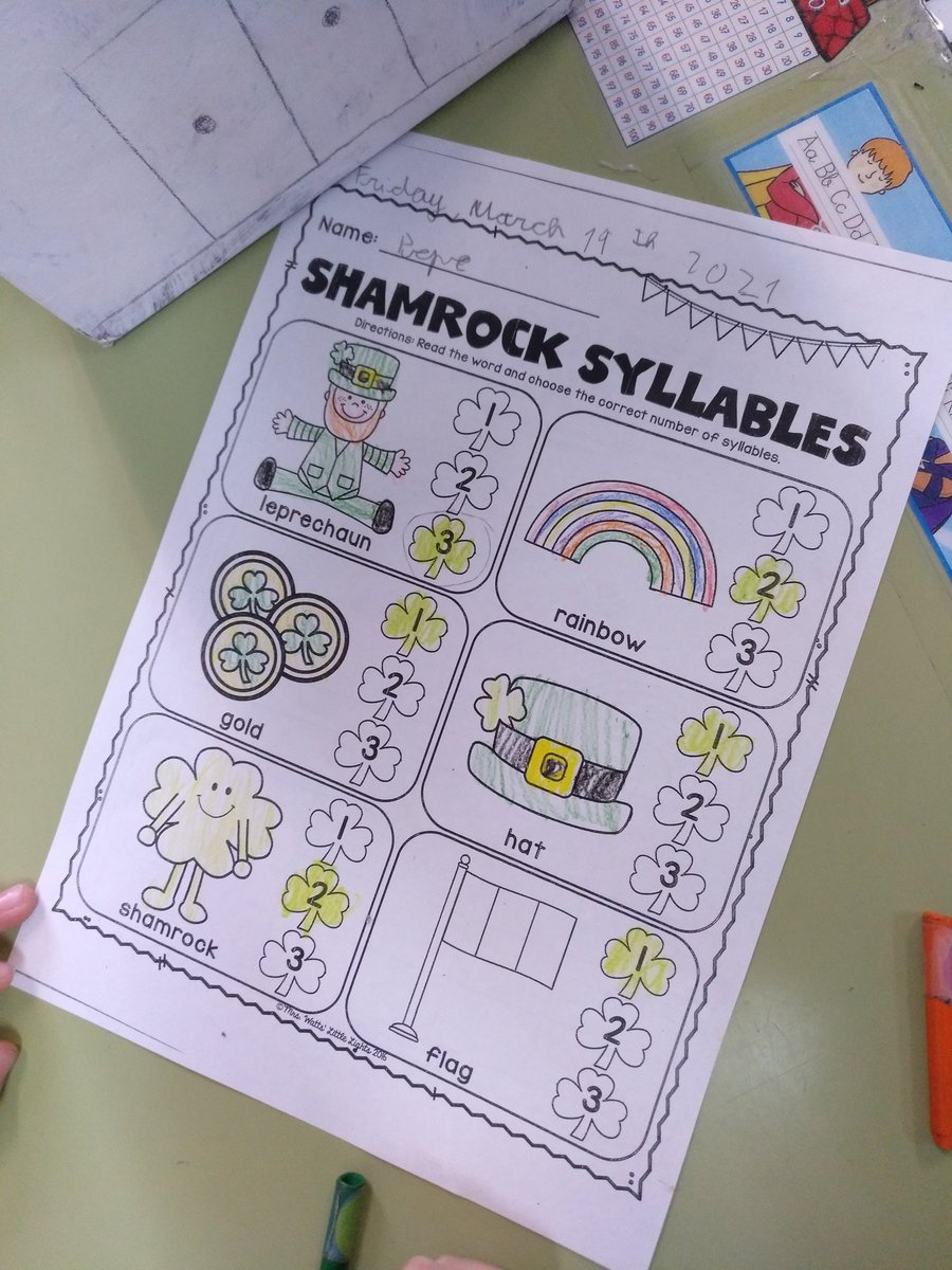 CofinoAngela's tweet photo. A special visit on Wednesday!!! The Leprechaun paid a visit and left lots of golden coins and green shamrocks. Then, we did syllabication with St. Patrick's vocabulary.
@CPBVentanielles 
#saintpatricksday2021 
#playandlearn
#contextlearning https://t.co/PqPRj12Q12