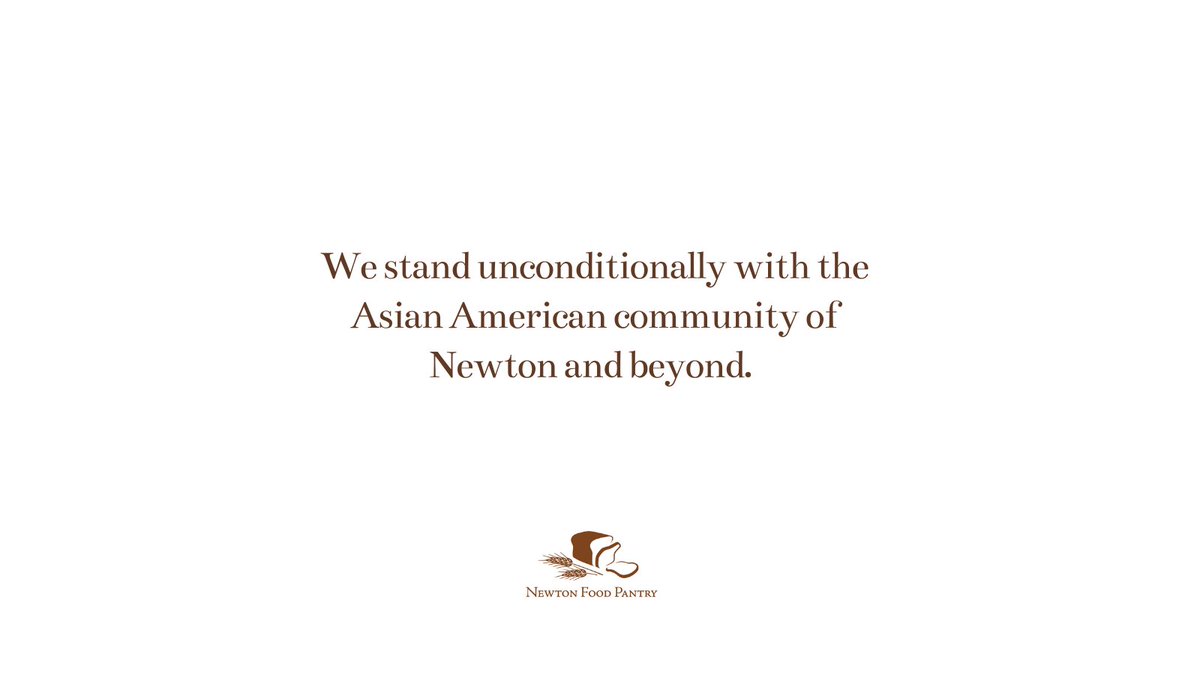 The Newton Food Pantry is committed to doing the work to becoming anti-racist, and we will always prioritize the value of treating every person in our community and beyond with dignity and respect. ⁠
⁠
Head here bit.ly/2QmGgdV for more info &amp; resources. #StopAAPIHate