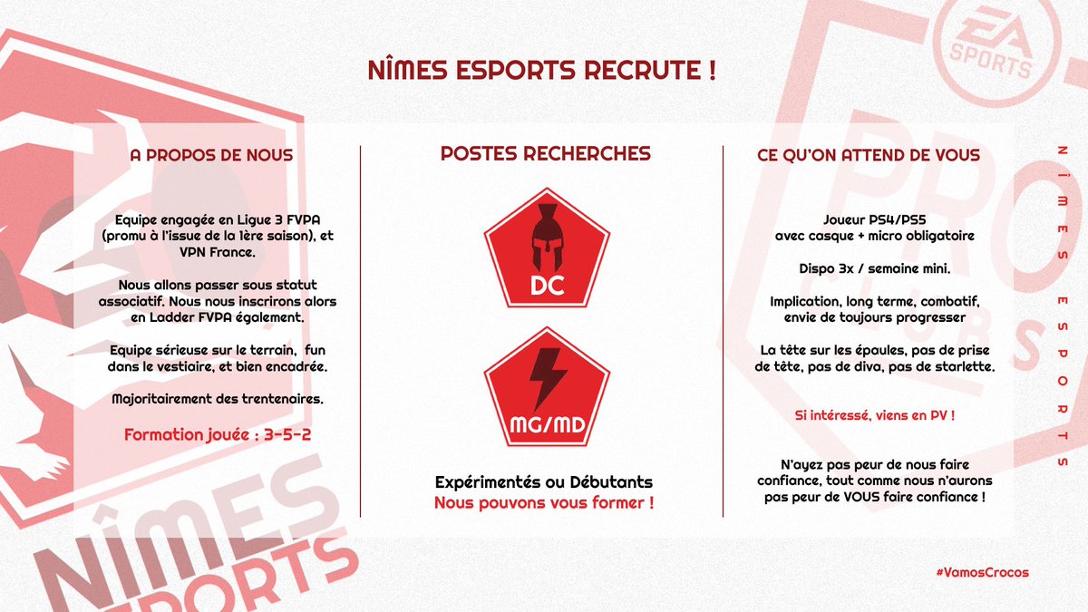 📢 Nîmes Esports recrute pour sa section #FIFA21 #ProClubs #PS4 #PS5

<a href="/Cherche_1Groupe/">Cherche 1 Groupe</a> <a href="/MercatoClubPro/">MERCATO CLUB PRO</a> <a href="/FIFArecrutePS4/">recrutement PS4 et PS5</a> <a href="/FVPAeSport/">FVPA Esport</a> 

RT apprécié 🙏

Plus d'infos ⬇️