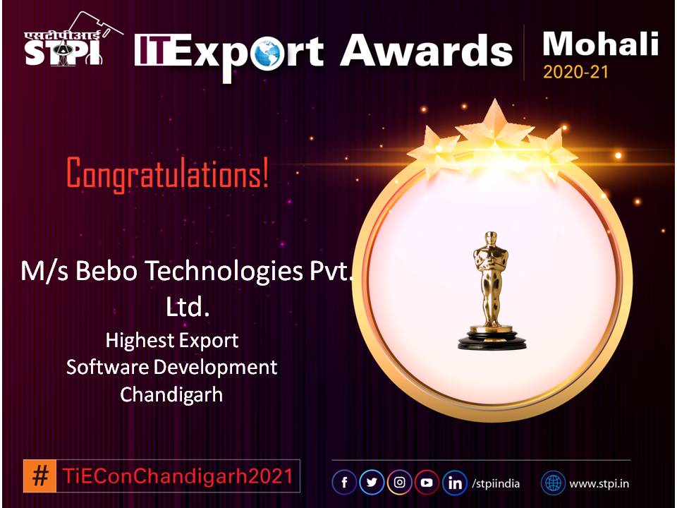 STPIMohali's tweet photo. @STPIMohali Congratulations M/s  Bebo Technologies Pvt. Ltd .!! Awarded as “Highest Export - Software Development  from Chandigarh” at STPI Awards – Mohali during #TiEConChd 2021 event @STPINoida
@rsprasad @SanjayDhotreMP @Omkar_Raii @stpiindia @GoI_MeitY @purnmoon https://t.co/qfykRR2qwD