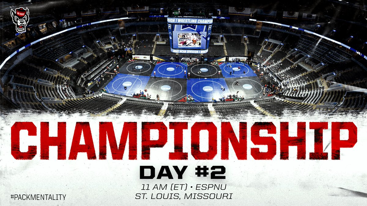 🤼‍♂️ 2021 NCAA Championships - Day 2
🕰️ Quarterfinals - 11 AM (ET)
🕰️ Semifinals - 8 PM (ET)
📺 ESPNU/ESPN
💻 WatchESPN (8 mats streamed)
📊 on.ncaa.com/2021WR
📈 bit.ly/3vIcgJp
📰 bit.ly/3bZWTnP

#PackMentality // #DoubleDown