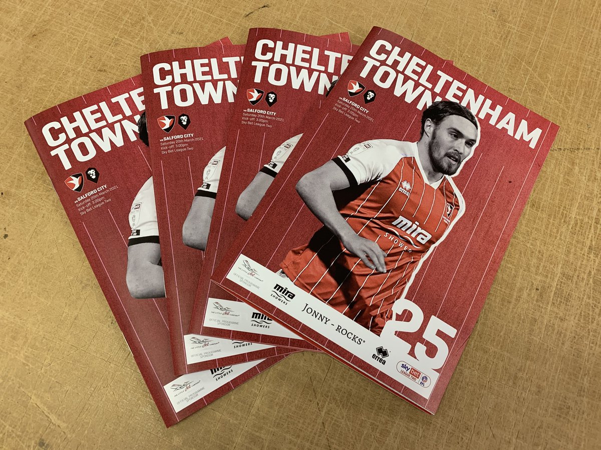 Hot off the press are these great looking programmes for top of the league <a href="/CTFCofficial/">Cheltenham Town</a> against <a href="/SalfordCityFC/">Salford City FC</a> tomorrow. As proud sponsors and supporters, we wish the lads all the best and hope you can find your winning ways again. #coyr