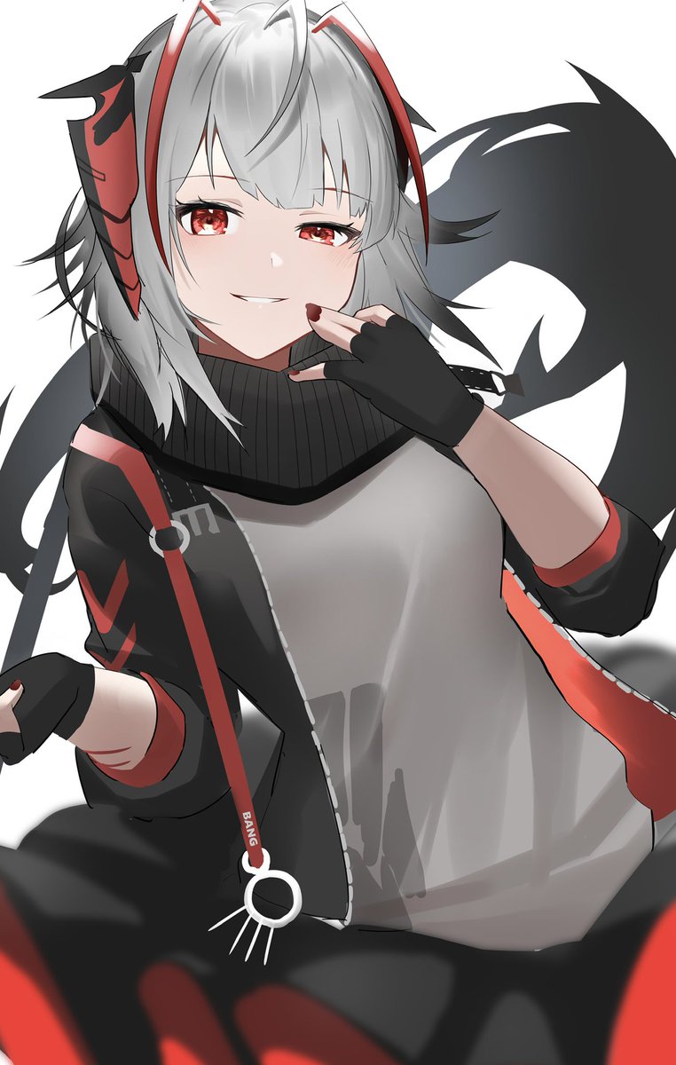 w (arknights) 1girl solo horns grey shirt looking at viewer scarf red eyes  illustration images