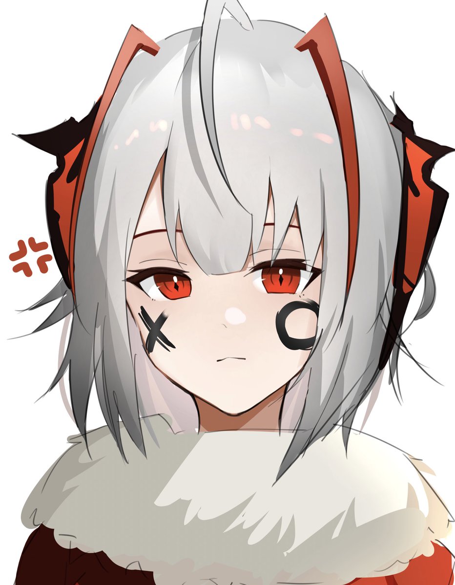 w (arknights) 1girl solo horns grey shirt looking at viewer scarf red eyes  illustration images