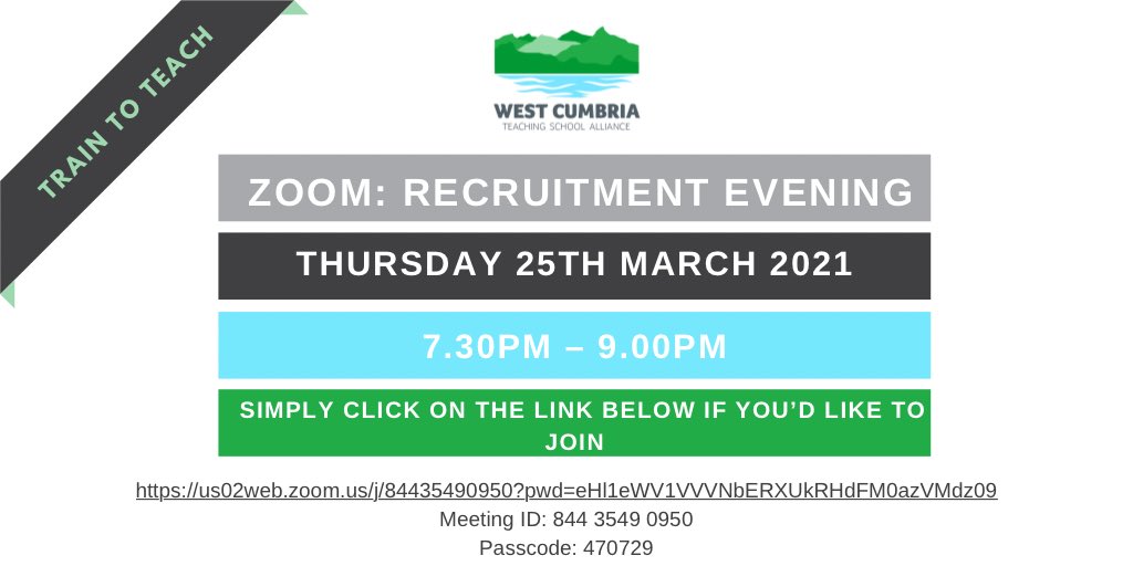 TeachCumbria's tweet photo. Looking for a new challenge? If you have a degree &amp; would like to put it to good use - consider teaching. Highly regarded ITT providers @west_teaching are holding a zoom recruitment evening on 25th March 7.30-9.00pm. https://t.co/Ni6ePG4o1s