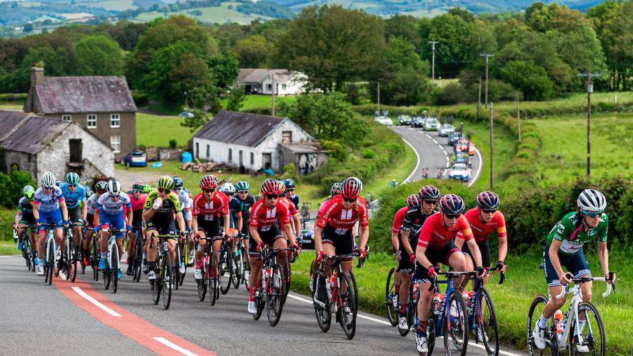 A group of cyclists cycling uphill through the countryside