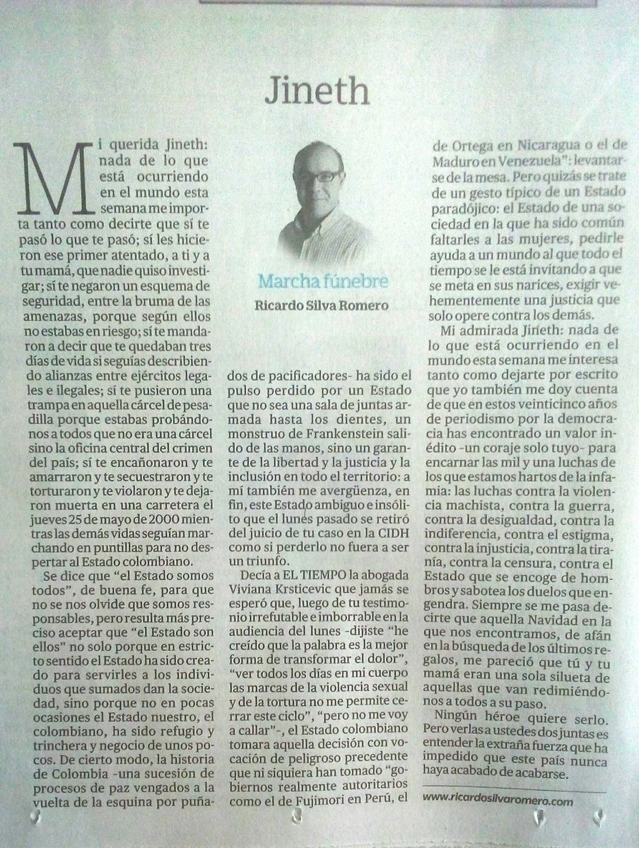luisyepesb's tweet photo. Estremece la carta, hoy (19-03-21) de @RSilvaRomero, el @ELTIEMPO, que destaca, y se solidariza con el coraje de @jbedoyalima dentro de su lucha como víctima de aberrantes delitos contra la vida y la dignidad. https://t.co/ZMI6Z5Tdya