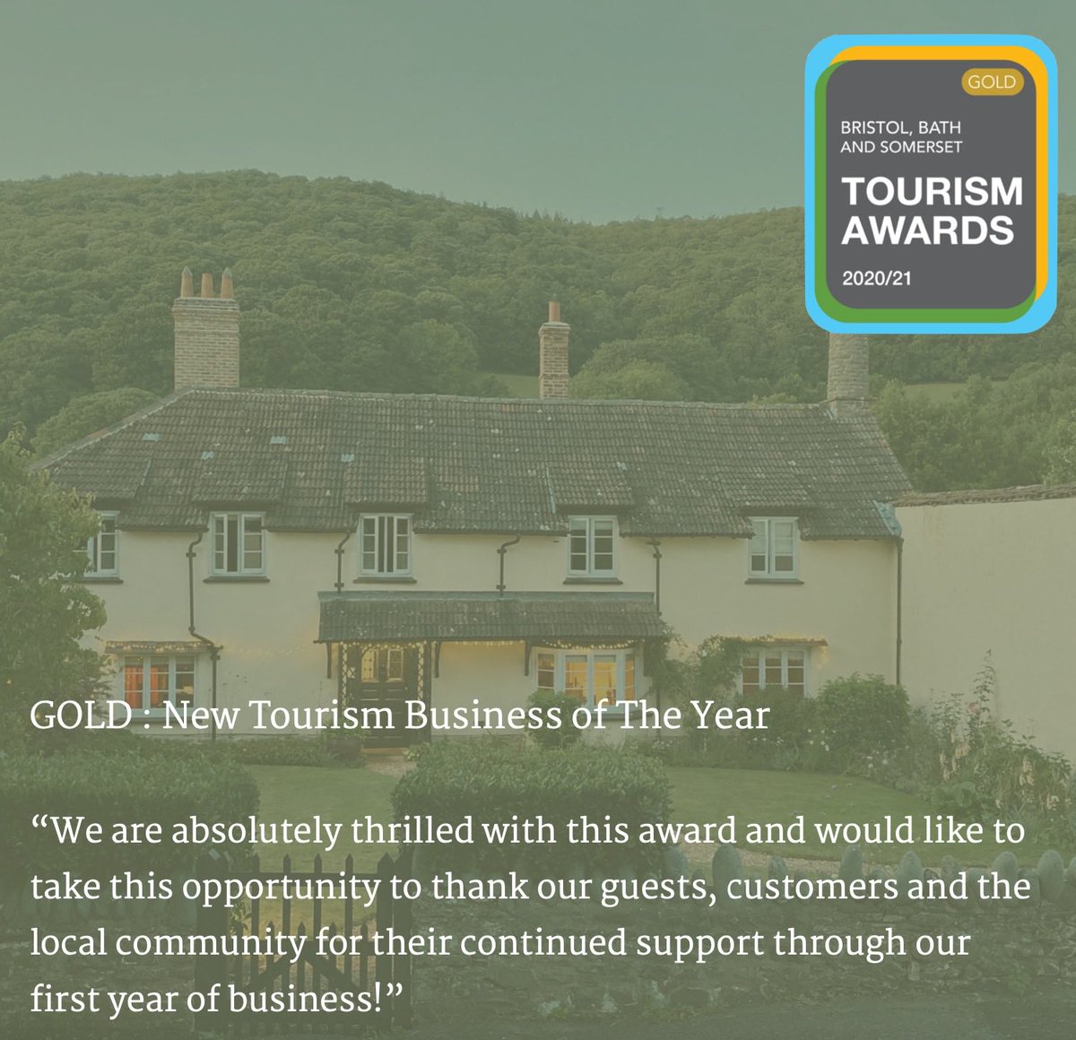 CrossLaneHouse's tweet photo. We had a wonderful afternoon yesterday at the #BBSTA20 awards, we were delighted to have received awards across three different categories. A huge thank you to our team, guests & community and @BBSTourismaward @Giles_Adams @NellB101 @visitexmoor @VisitSomerset + all the sponsors https://t.co/44wlEfWHYy