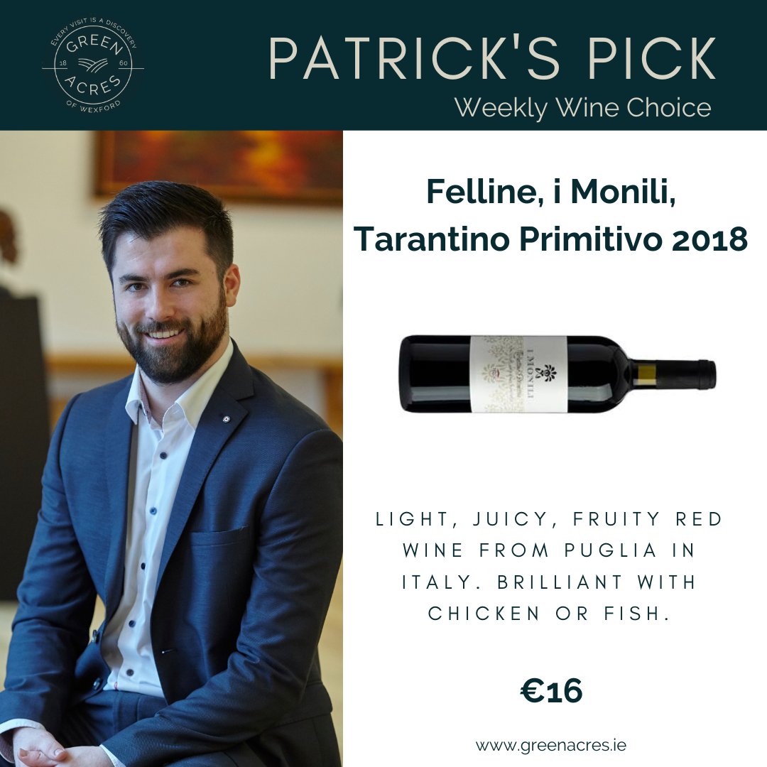 GreenacresIrl's tweet photo. Patrick's Pick last Friday was a red wine from Puglia, Italy. It is the 2018 I Monili Tarantino, Primitivo from the Felline winery. It is dry, full bodied with high acidity and medium tannins. Would pair well with any tomato-based dish. #patrickspick #discoverwine #greenacresirl https://t.co/nnImBBSEay