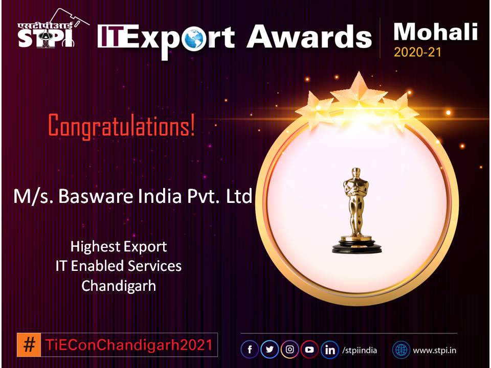 STPIMohali's tweet photo. @STPIMohali Congratulations M/s. Basware India Pvt. Ltd..!! Awarded as “Highest Export - IT Enabled Services from Chandigarh” at STPI Awards – Mohali during #TiEConChd 2021 event @STPINoida @rsprasad
@SanjayDhotreMP @Omkar_Raii @stpiindia  
@GoI_MeitY @purnmoon https://t.co/AVFmHZwc4H