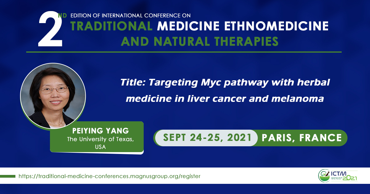 ICTMconf's tweet photo. Keynote talk by Dr Peiying Yang at #ICTM2021

Do not miss out. Register your slot online | https://t.co/of8mEGjzVK

#Herbalmedicine #Phytomedicine #cancer #melanoma #TraditionalMedicine #Naturalremedies #Holistic #Healing #Ethnomedicine #AlternativeMedicine #medicinalplants https://t.co/V8u6Ow5VyV