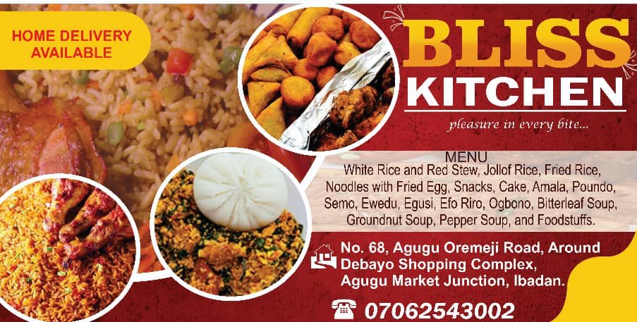 Desi__Kitchen's tweet photo. Hungry? Craving? Bliss Kitchen is here to satisfy your cravings and fill your belly.
IBADAN PEEPS, don’t miss out on eating ‘em sumptuous delicious meals.
They do Home Delivery to anywhere in Ibadan also.
Order now!!! You’ll sure love it.
📞 +234 706 254 3002.
Wizkid Burna https://t.co/5naMuUxCt5