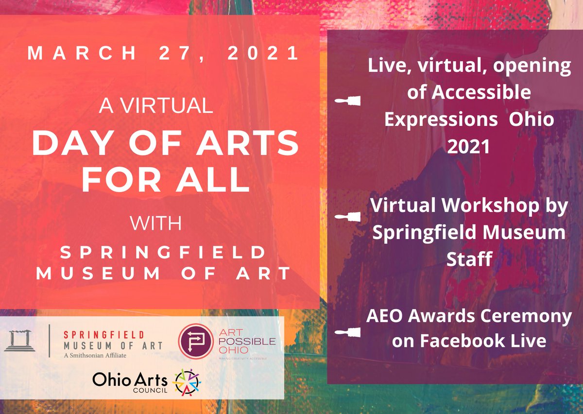 All are welcome to our virtual Day of Arts for all on March 27, 11 -2 PM! The entire Day of Arts will be held virtually on our Facebook page! 

Find the virtual schedule below:
11 AM: AEO walk-through
12 PM:  Workshop with Springfield Museum of Art 
1 PM: AEO 2021 Awards Ceremony