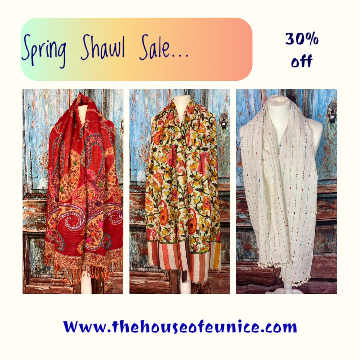 Check out our Spring Shawl sale in our online store thehouseofeunice.com with an added 30% off at the checkout #fairtrade #handcrafted #textiles #indiantextiles #ethicallymade #handloom #wool #boiledwool #pashmina #silk #saree #kantha
