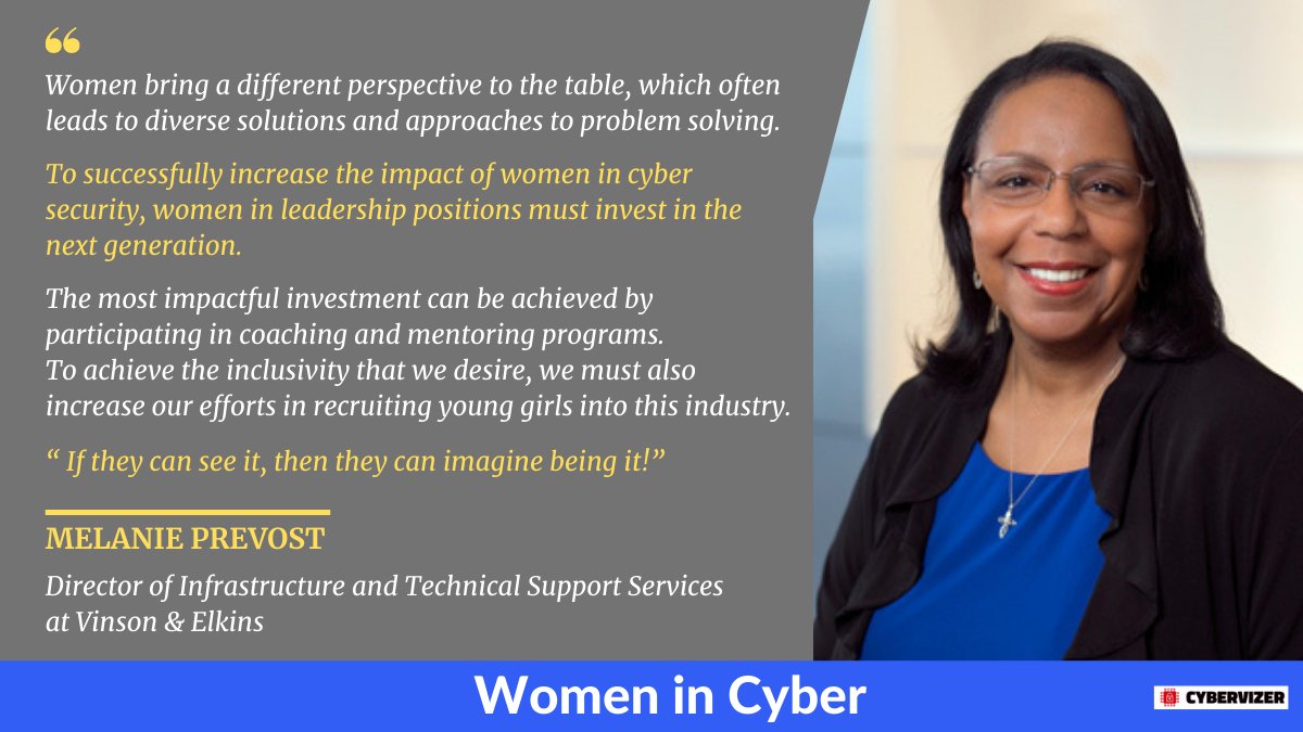 mclynd's tweet image. Today&apos;s #WomeninCyber is Melanie Prevost @melpre2010, a recognized &amp;amp; accomplished #cybersecurity executive at @VinsonandElkins #Diversity 🙌   buff.ly/3puHuzp

@KarmenINTL @digitalcloudgal @domyboo @tgravel @NetsyncNews   @CarlaPlummer2 @thecybertea @marigalloway @psb_dc