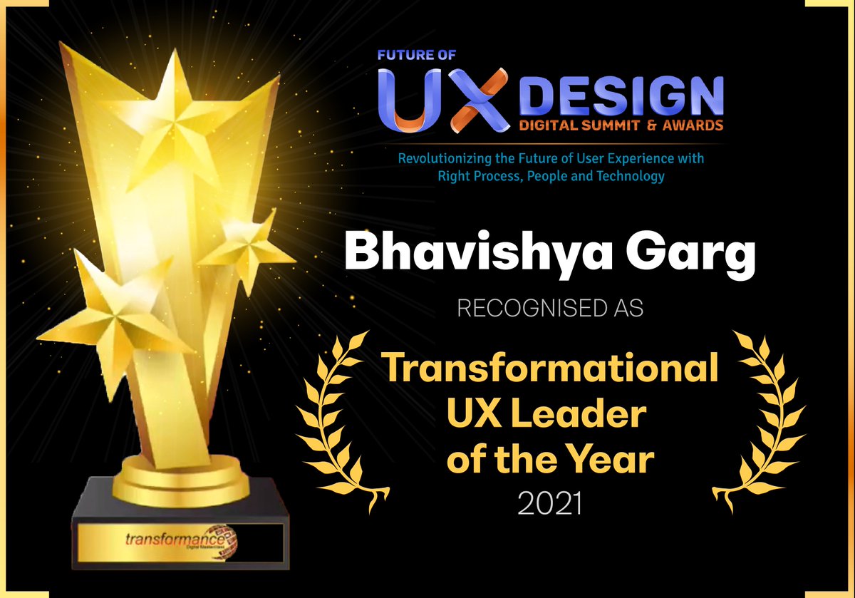BHAVISHYAzz's tweet photo. Absolutely delighted to receive this recognition as
"🏅Transformational #UXLeader of the #Year, 2021" from Future of UX Design Digital Summit &amp; Awards organised by Transformance Forums 🏆

@MXPlayerDesign @MXPlayer https://t.co/ntEzJJcpKr