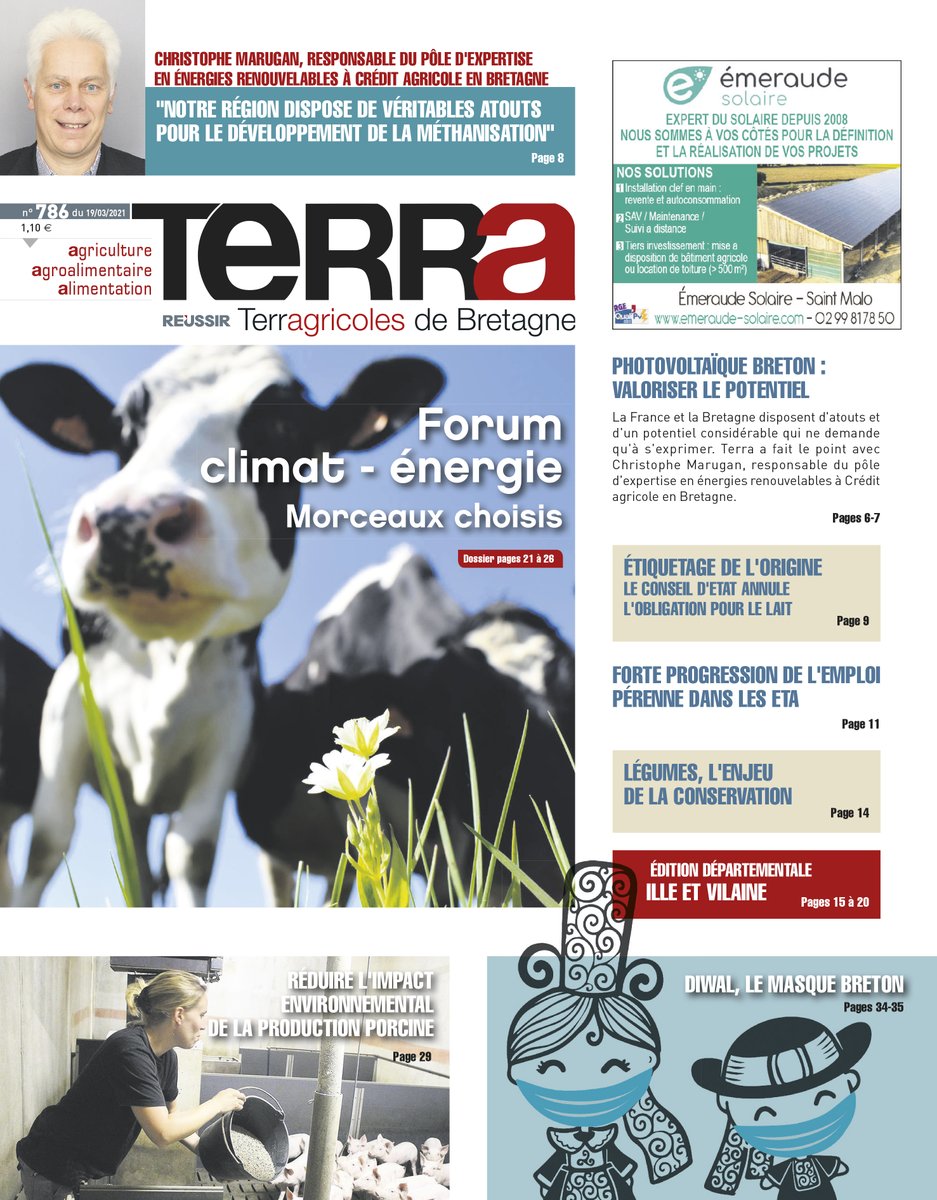 A la #Une de <a href="/TerraHebdo/">Terra Hebdo</a> ce vendredi : Un numéro "branché" énergies avec un dossier en lien avec le forum #Climat #Energie des <a href="/ChambagriBzh/">ChambreAgriBretagne</a> ; ITV de Christophe Marugan du <a href="/CA_Bretagne/">Crédit Agricole en Bretagne</a> sur la #Méthanisation, le potentiel #photovoltaïque breton...