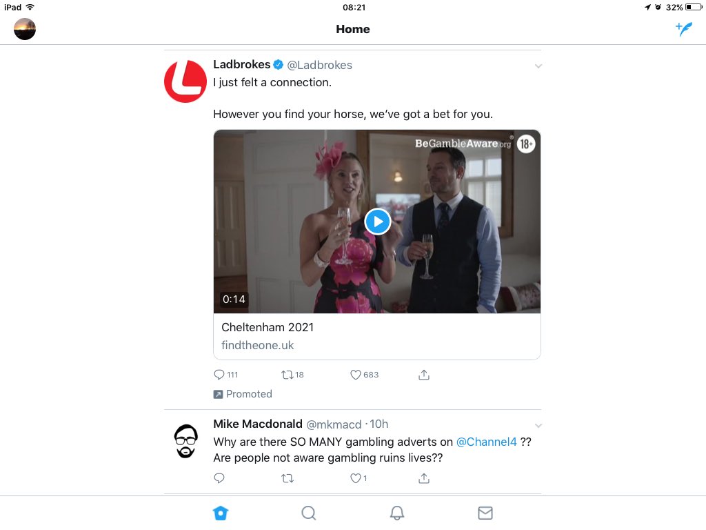 tim_tprouse's tweet photo. @mkmacd @Channel4 Immediately juxtaposed with your tweet came ... A Ladbrokes advert! https://t.co/QfB5YGLiba