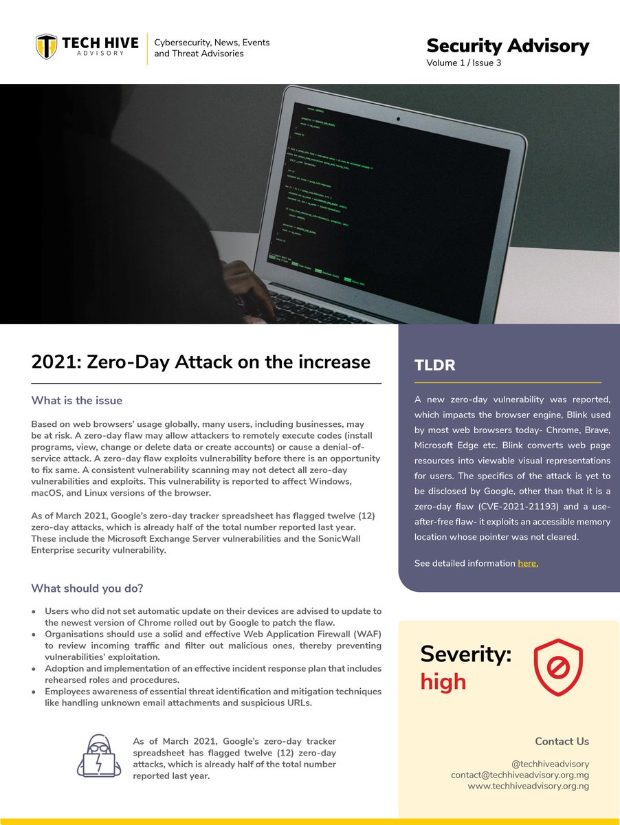 HiveAdvisory's tweet photo. Have you heard?
There are zero-day attacks in the wild.
Read about zero-day attack and its recent occurence in our 3rd security advisory curated by our @TheTojolaBilqis.
We hope you find the tips useful.
#dataprotection #cybersecurity #zerodayattacks #techhiveadvisory https://t.co/NnKwscJ7Pu