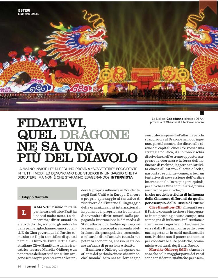 deb_pisano's tweet photo. Intervista esclusiva di @filipposantelli sul @ilvenerdi a #CliveHamilton e #MareikeOhlberg, autori di #LaManoInvisibile in uscita il 25 marzo, bestseller internazionale sul ruolo del Partito comunista cinese nelle relazioni con gli altri paesi del mondo. https://t.co/r2sqcMeENv