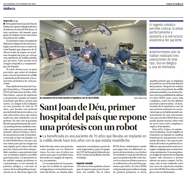 HSJD_PALMA_INCA's tweet photo. 🆕 Incorporamos el robot más moderno del mundo para guiar en la colocación de prótesis de rodilla.
🔝 1er y único hospital de Balears en disponer de esta tecnología y uno de los 5 de España que disponen de ella.
👍🏼 Gracias @diariomallorca por dar difusión a la 1era reprótesis. https://t.co/iU2DnDUrDA