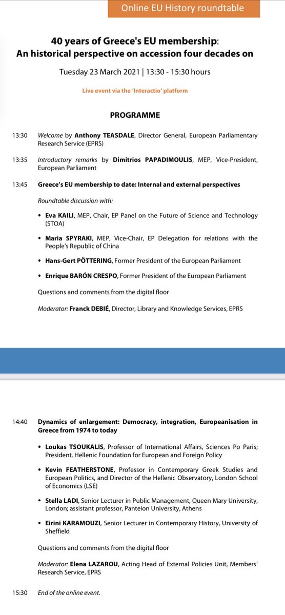 Elena Lazarou (@elenlazarou) on Twitter photo Looking forward to chairing a panel of renown colleagues from <a href="/eliamepgr/">Eliamep</a> <a href="/HO_LSE/">Hellenic Observatory</a>, incl. Loukas Tsoukalis, Kevin Featherstone& <a href="/stella_ladi/">Stella Ladi</a>, in <a href="/EP_ThinkTank/">European Parliamentary Research Service</a> event on 40 years of #Greece’s #EU membership.Featuring <a href="/MariaSpyraki/">Maria Spyraki</a> <a href="/EvaKaili/">Eva Kaili 🇬🇷🇮🇹</a> <a href="/papadimoulis/">Dim. Papadimoulis</a>
👉europarl.europa.eu/thinktank/en/u… Looking forward to chairing a panel of renown colleagues from <a href="/eliamepgr/">Eliamep</a> <a href="/HO_LSE/">Hellenic Observatory</a>, incl. Loukas Tsoukalis, Kevin Featherstone& <a href="/stella_ladi/">Stella Ladi</a>, in <a href="/EP_ThinkTank/">European Parliamentary Research Service</a> event on 40 years of #Greece’s #EU membership.Featuring <a href="/MariaSpyraki/">Maria Spyraki</a> <a href="/EvaKaili/">Eva Kaili 🇬🇷🇮🇹</a> <a href="/papadimoulis/">Dim. Papadimoulis</a>
👉europarl.europa.eu/thinktank/en/u…