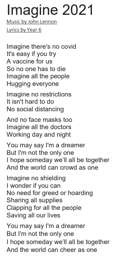 wansdykedevizes's tweet image. Our Year 6 class wrote lyrics based on the song ‘Imagine’ by John Lennon, thinking about the current pandemic 🎶