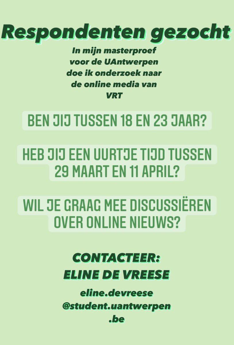 Hey hey!! Ben jij of ken jij de persoon die ik zoek, dan hoor ik graag van jou!
Praktisch: Je hebt de kans om met 5 andere studenten ideeën uit te wisselen over online nieuws, de discussie zal plaatsvinden via Teams uit vanzelfsprekende redenen 🙃 Delen = Lief xxx