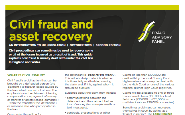 Civil proceedings can sometimes be used to recover some or all of the losses incurred as a result of fraud. Read our guide which explains how fraud is usually dealt with under the civil law in England and Wales. ow.ly/RlTa50DSL2U <a href="/tenetlaw/">Tenet Compliance & Litigation</a> @MoonBeever #fraud