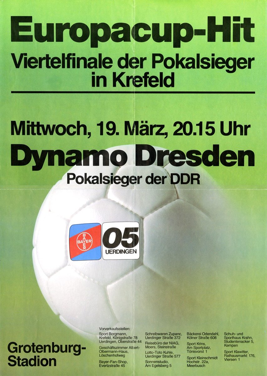 Spieltag! 🏆 Heute um 20:15 Uhr empfängt Bayer 05 Uerdingen die Gäste von <a href="/DynamoDresden/">SG Dynamo Dresden</a>, den Pokalsieger der DDR, zum Viertelfinale des Europapokals der Pokalsieger in der Grotenburg-Kampfbahn! Live im <a href="/ZDF/">ZDF</a> und hier auf Twitter als Liveticker! 💙❤️💪 Was sind eure Tipps? #B05DYD