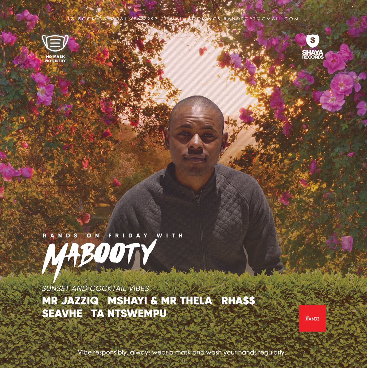 randscapetown's tweet photo. @MabootyDeejay fresh of his phenomenal set on national TV last weekend is here to finish it all off live at #RandsOnFriday 

VIP bookings : bookings.randscpt@gmail.com 

Vibe responsibly at all times,  wear your mask &amp; wash your hands regularly. 

#SeeYourVibe https://t.co/8UFII3aIfg