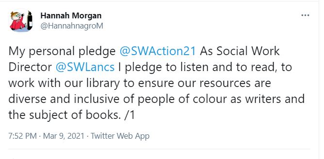 Our director of social work @HannahnagroM's pledge for @SWAction21
twitter.com/HannahnagroM/s… 
#SWACTION21 #RiseAgainstRacism #AntiRacistAction.