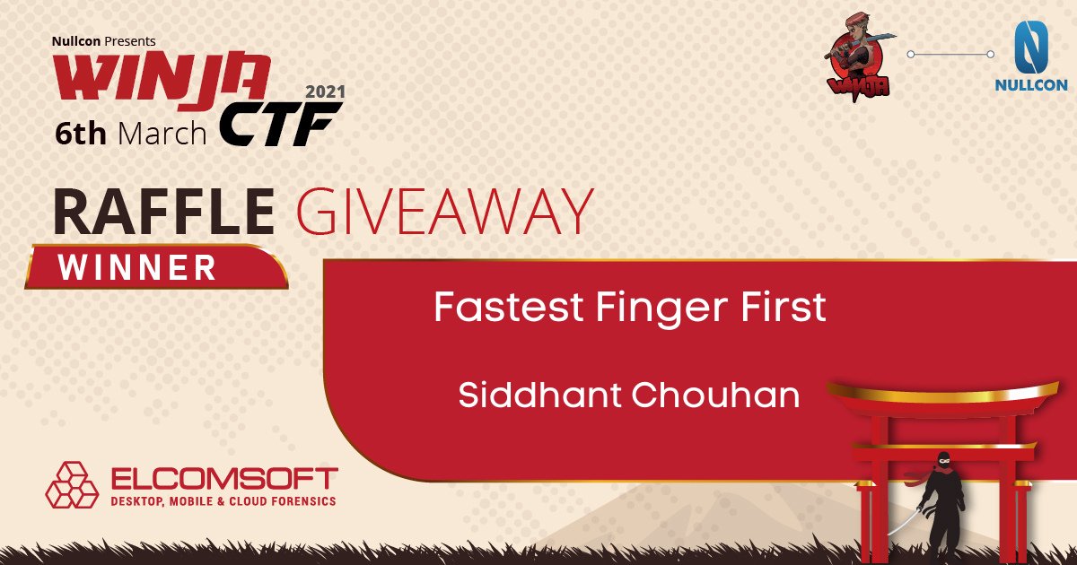 nullcon's tweet image. ⚡Winja CTF - Smart City theme at Nullcon saw whooping 883 registrations &amp;amp; we had multiple contest running for @Winja_CTF

💨Fastest Fingers First Contest sponsored by @ElcomSoft &amp;amp; the 🎉winner is @sidchn_20 🏆Congratulations, Siddhant!!

#ElcomSoftRaffle #Nullcon2021 #WinjaCTF
