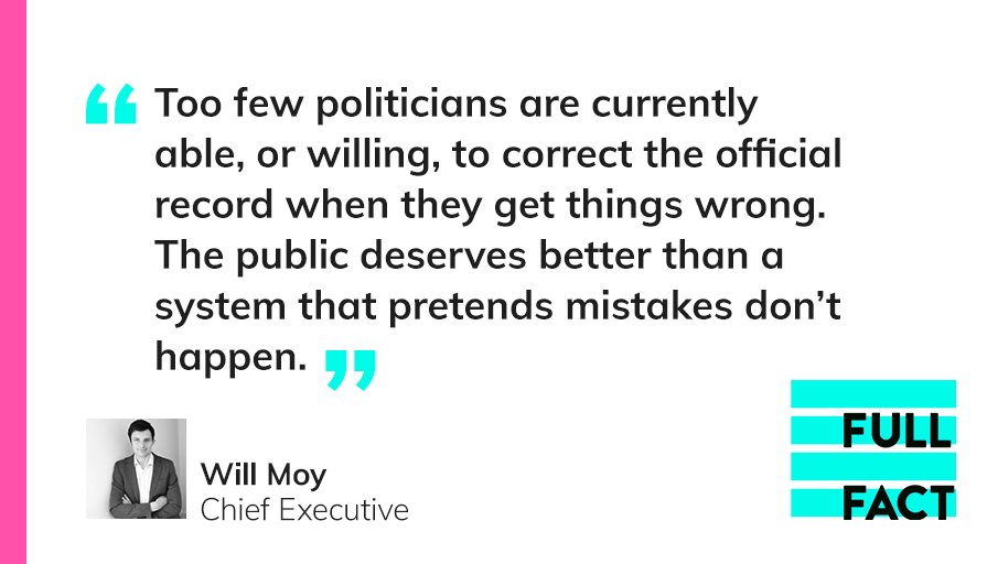 Parliament should champion honesty by owning up to mistakes. MPs often talk about rebuilding trust in politics. This is an easy way to show they mean it. We’ve written to the Speaker and other senior politicians 👉 fullfact.org/blog/2021/mar/…