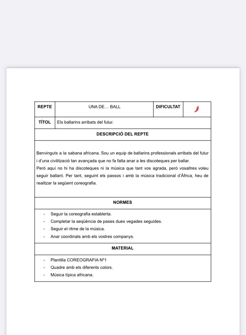 TomeuCladera's tweet photo. @SenentOlympks @supergari20 Esto seria un ejemplo de reto de baile.  Los alumnos deben hacer lo que se les pide con los materiales que aparecen en la carta.

El maestro solo controla y a veces evalua también. Lo demás lo hacen los alumnos cooperativamente. https://t.co/hAtGQpzjzW