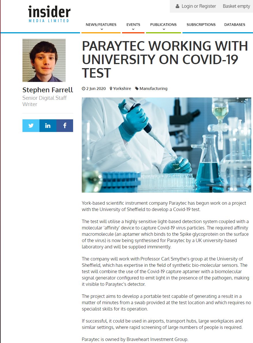 Accionista16's tweet photo. #Paraytec #BRH #ActivePix #corona #Sheffield #microbiology #Test #virus #reopencinemas #reopenschools #reopenbusiness
PARAYTEC WORKING WITH UNIVERSITY ON #COVID19 TEST
platform will be developed to test for new viruses and variants of COVID-19
https://t.co/RuyuR5pUbJ https://t.co/cVHjdbqqxp