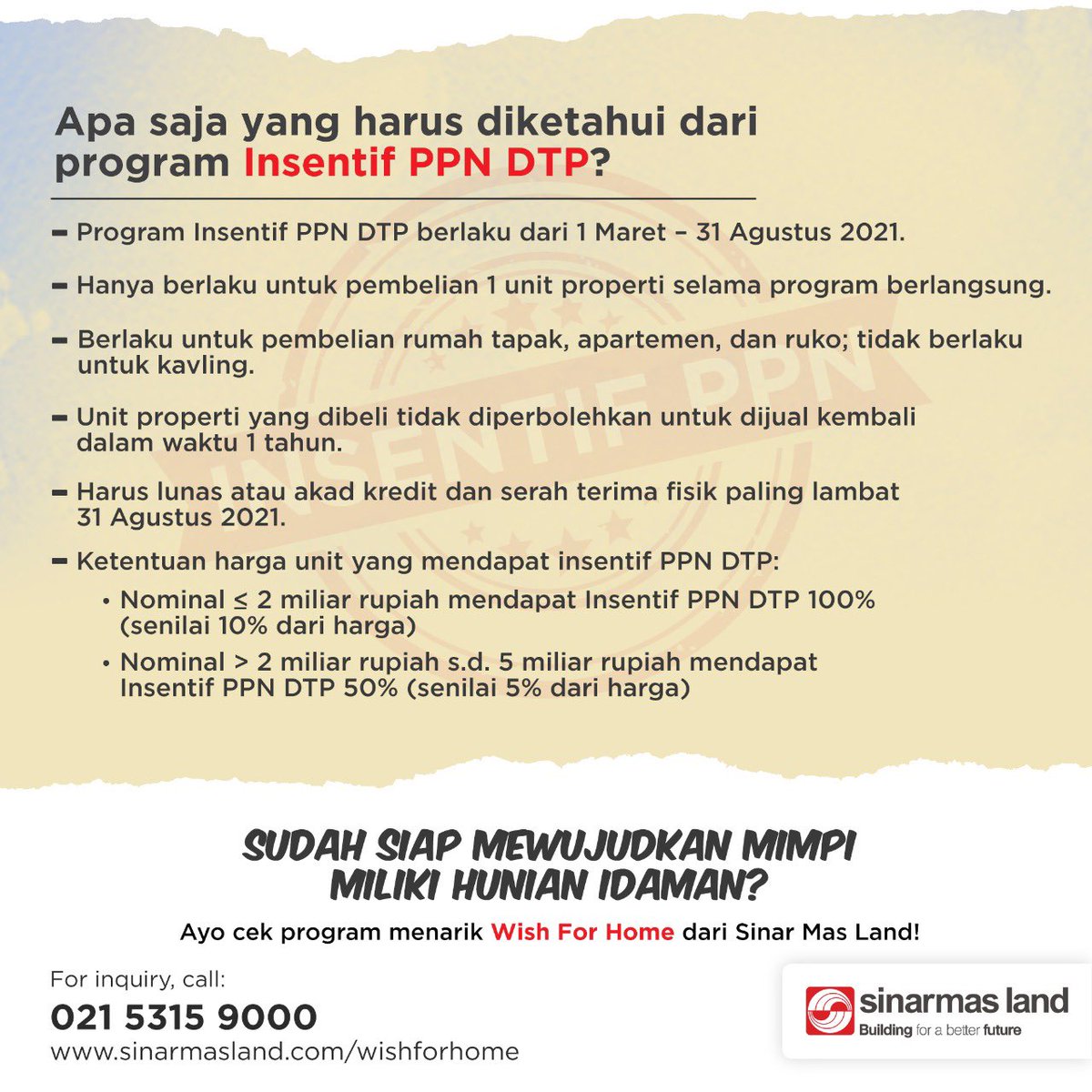 sinarmas_land's tweet photo. Apa saja yang perlu diketahui mengenai Insentif PPN DTP? Yuk simak beberapa ketentuan berikut ini!
Informasi lebih lanjut, hubungi :
(021) 5315 9000
https://t.co/Ny3L2vxksh
#SinarMasLand #BuildingForABetterFuture #WishForHome https://t.co/Tm9xE2Hu0R