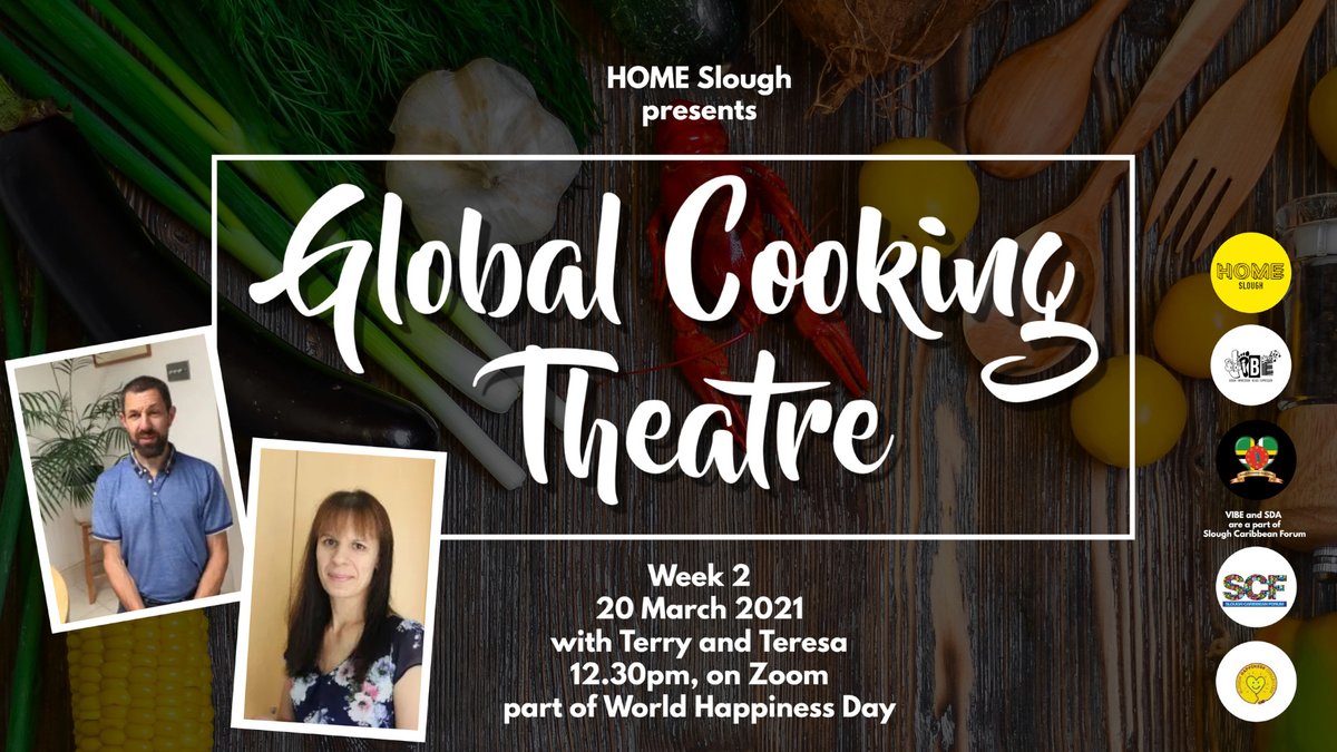 Flyer of the Global Cooking Theatre. The background presents, from the left hand side, ingredients like corn, aubergine, spring onions, garlic, lobster, lemon and cooking tools. On the foreground, to the left hand side, are the photos of Terry and Teresa. To the centre, is the Global Cooking Theatre text, in white. Below it, in white, is text again, with details about the session. On the right hand side, are five logos.