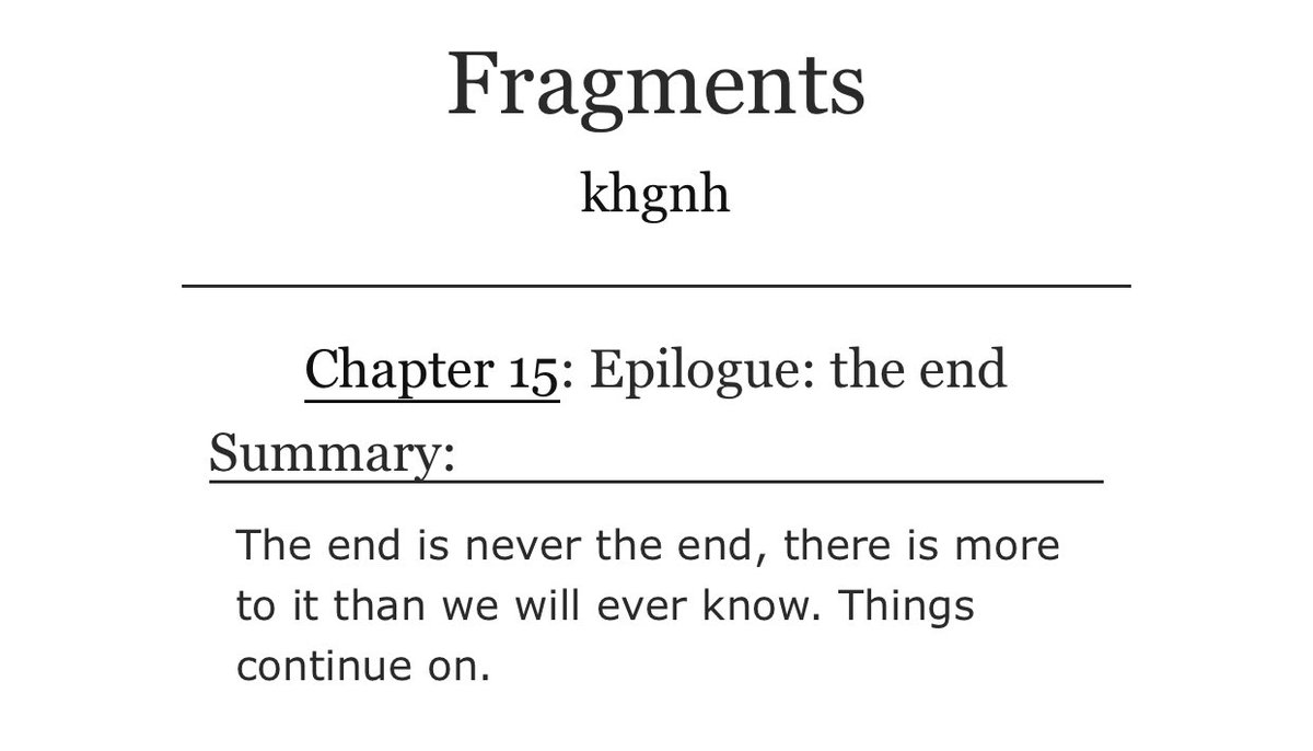khgnh_'s tweet photo. Fragments, final update
Chapter 15: Epilogue - the end
Rated: T
Word Count: 4357
#tpn #rayemma #rayem
https://t.co/AvrwnYMfQN https://t.co/MQmpd9MiKy