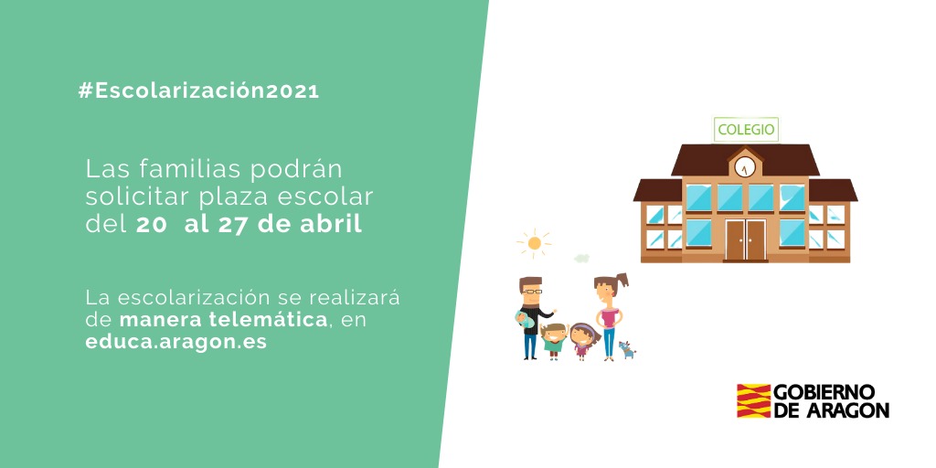 #Escolarización2021

📆Las familias podrán pedir plaza para el próximo curso entre el 20 y 27 de abril.  

💻Las solicitudes se harán de forma telemática educa.aragon.es 

#EducaAragón