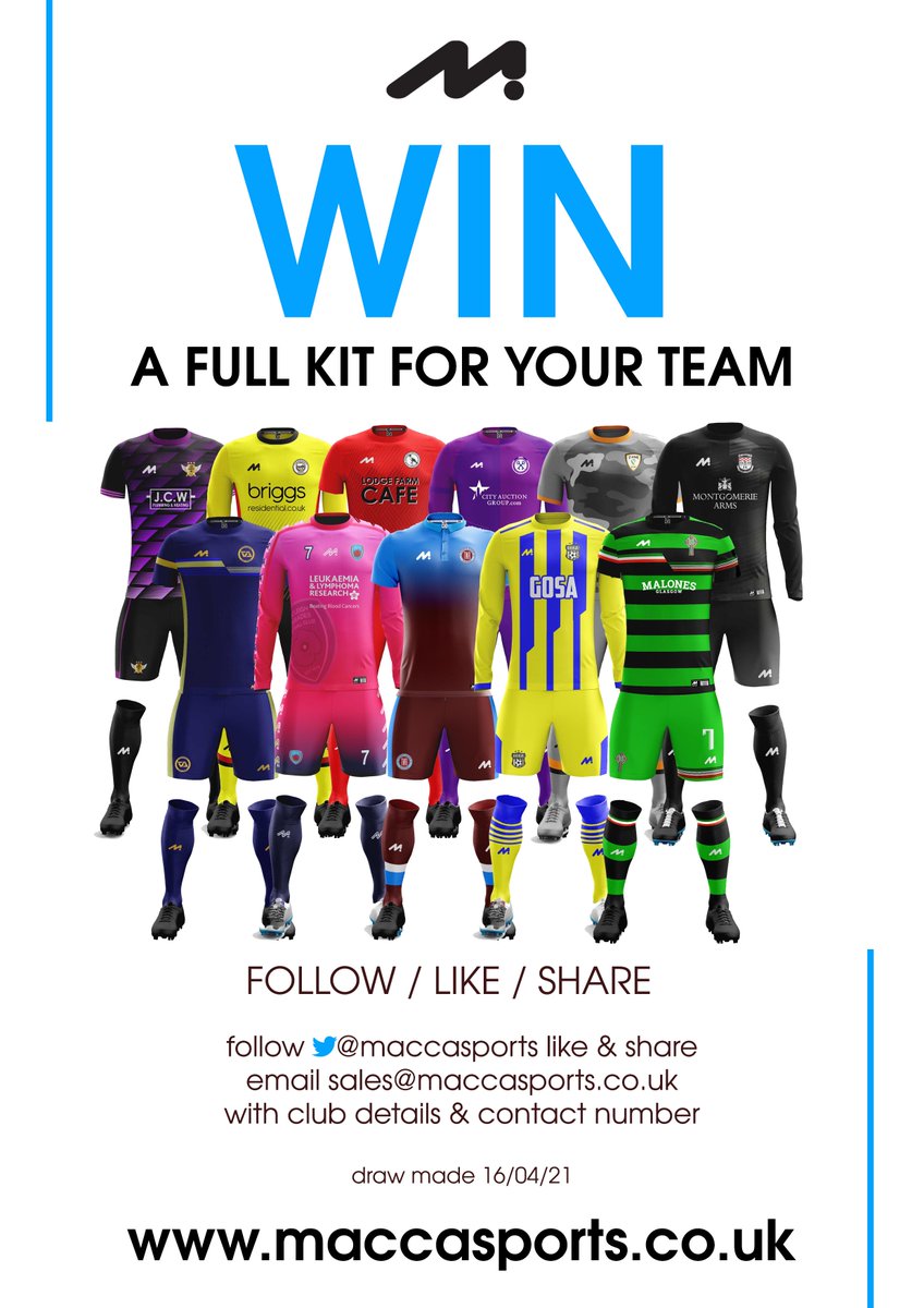 WHO WANTS TO WIN A KIT

with the return of football so near we have decided to offer a chance to win a custom kit for your team.

Simply 

FOLLOW / LIKE / SHARE

email your club details &amp; contact number to sales@maccasports.co.uk