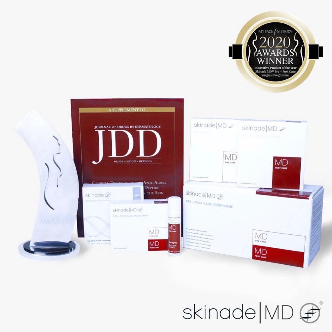 DanielSkinade's tweet image. Our stunning @myfacemybody award for #SkinadeMD Pre+Post Care surgical programme arrived yesterday! We are very proud that our surgical support product won most innovate product of the year 2020! @skinade was also published and peer reviewed in the @jddonline! #plasticsurgery