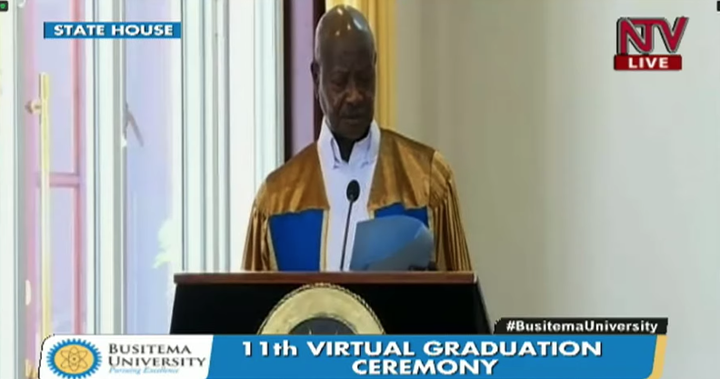 ntvuganda's tweet photo. I have been asking Universities like Makerere to scale down on the social sciences and focus on courses that can get graduands jobs in the 4 sectors main sectors - President Museveni

#BusitemaGraduation #NTVNews https://t.co/6jcJSmsvb3