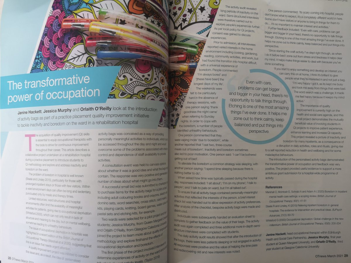Great to see the work of one of our #OccupationalTherapy students in the @OTnews this morning! Well done @OrlaithOReilly3 what a lovely project to show the transformative power of occupation @GCUSHLS @ross_gcu @GCUOTS @Ahpscot @NHS_Lothian @RCOTStudents @RCOTScotWest