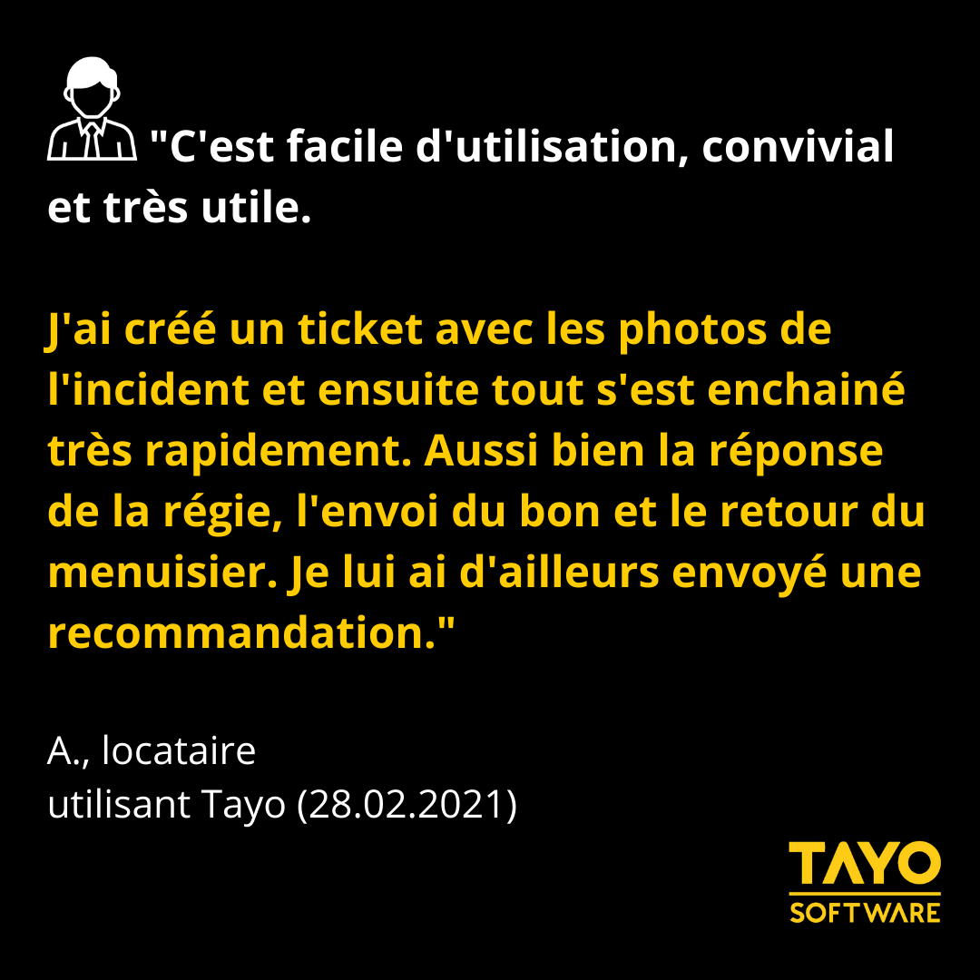 Tayo​ aide les résidents​ à mieux communiquer avec leurs gérances immobilières

#tayosoftware #vdtech #innovation #new #digital #digitalisation #switzerland #startup #realestate #immobilier #regieimmobiliere #gerance #propertymanagement #software #swissmade