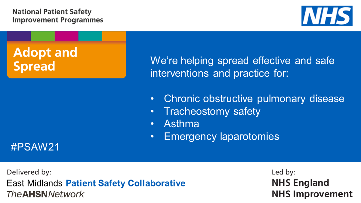 Healthinn_em's tweet photo. The Adopt and Spread @NatPatSIP aims to identify and support the spread and adoption of effective and safe interventions and practice across England in the following areas, supported by @EM_AHSN #PatientSafetyCollaborative. Find out more at https://t.co/HkLhqs4tnU #PSAW21 https://t.co/OqwCVplgJa